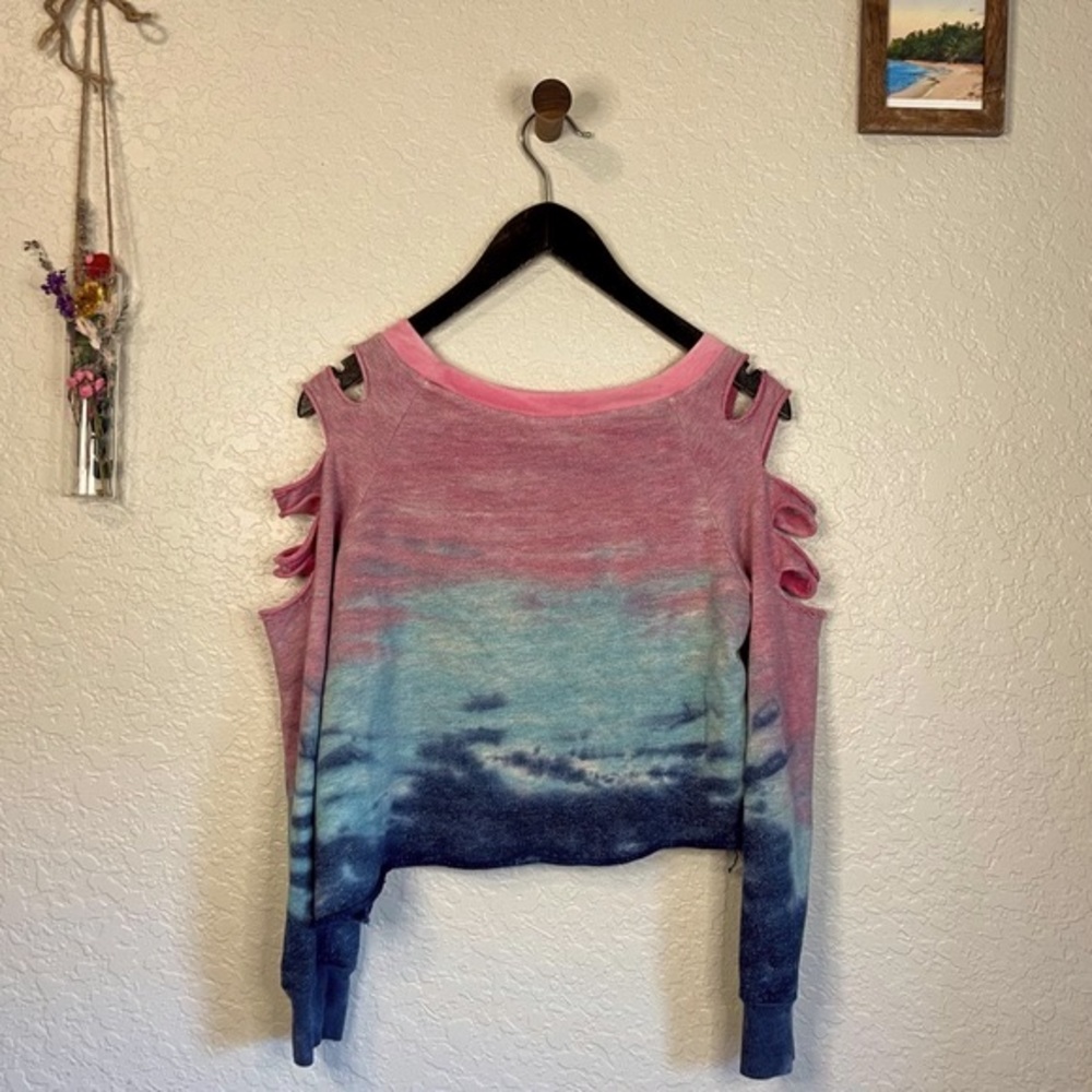 Vintage 90s/Y2K DIY Cut Shoulder Cropped Tie Dye Pullover Sweater-M/L - Picture 4 of 5